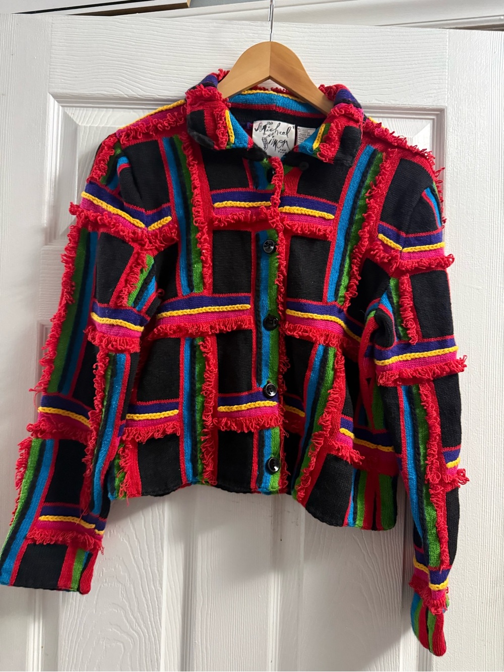 vintage 1990s Michael Simon colorful fringe knit button down cardigan size m